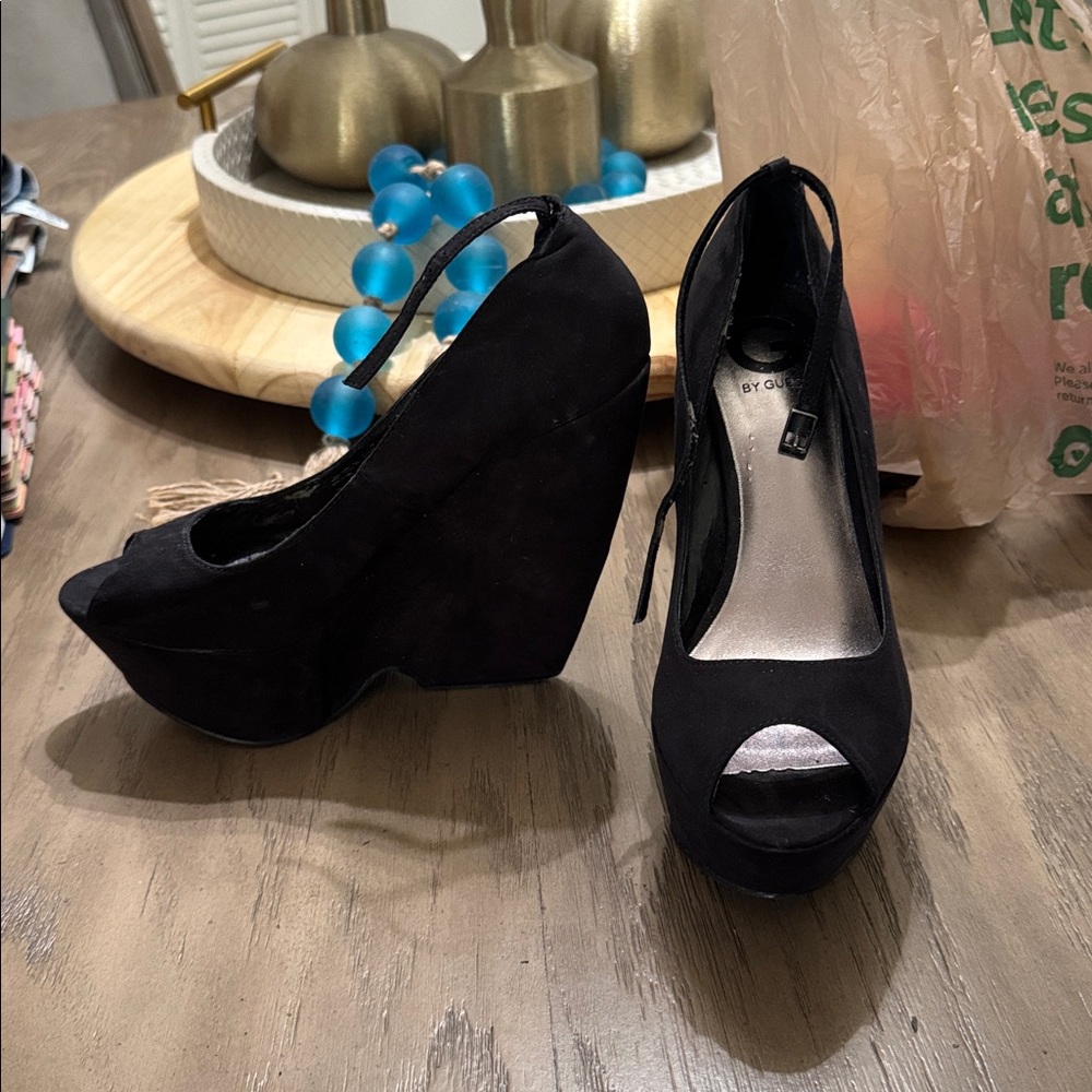 G by Guess Black Peep-Toe Wedges